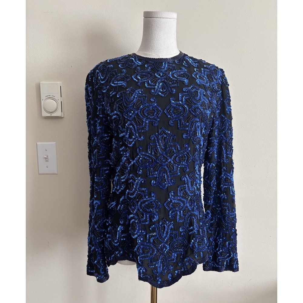 Vintage 80s Stenay Womens Medium Top Beaded Sequin Silk Black Blue Metallic